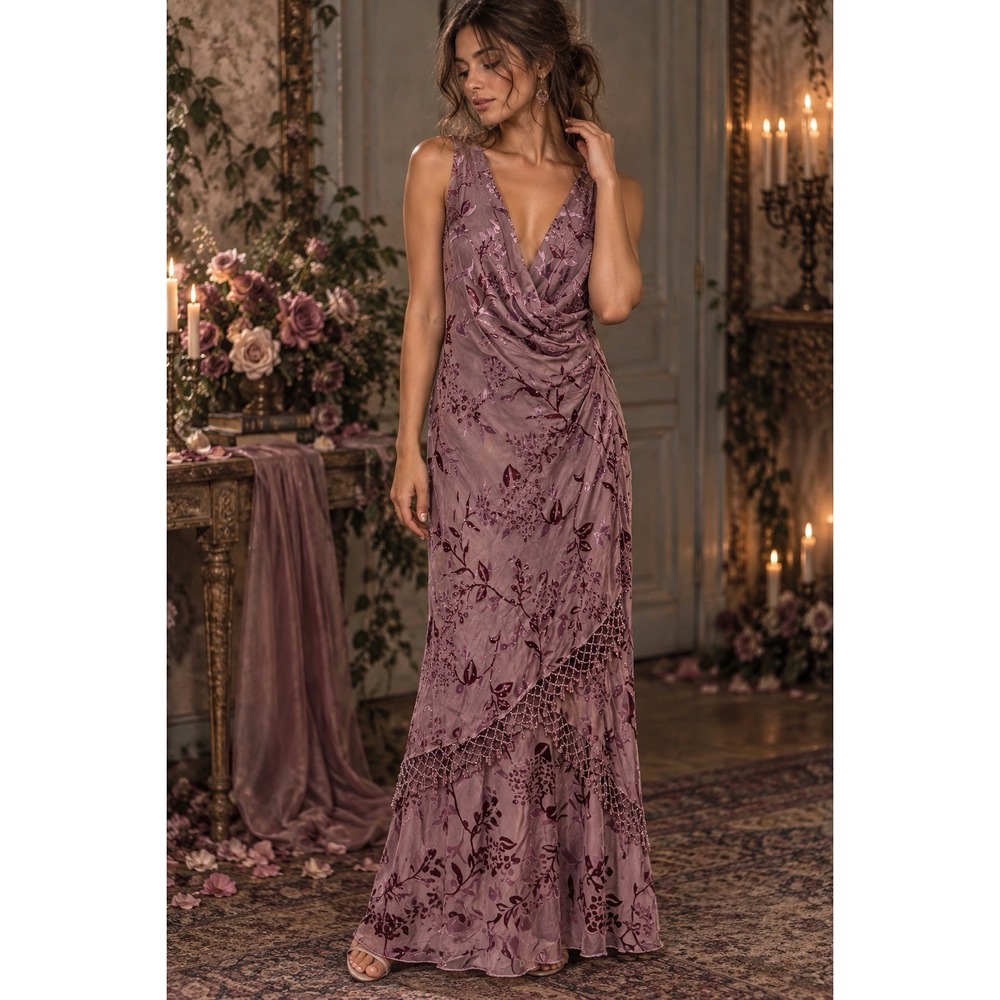 Alex Evenings Y2K Silk Blend Mauve Beaded Floral Burnout Fairycore Maxi Dress 10
